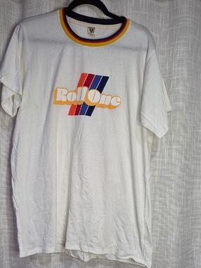 RollOne White Graphic Ringer Tee with Red & Blue Stripes Camp Collection XL